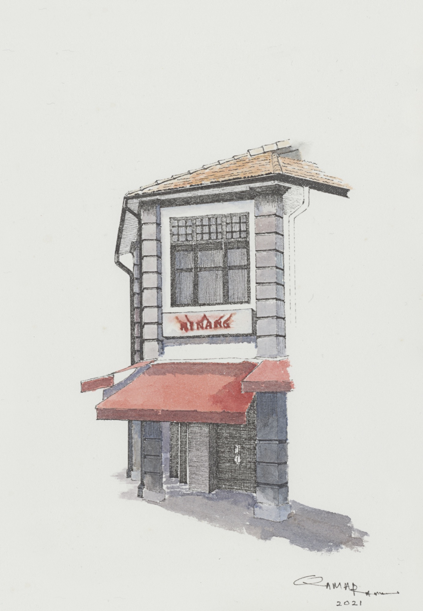 Watercolour and ink illustration of a Singapore shophouse with a red awning