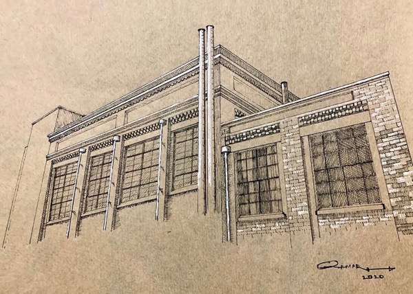 Brick building on kraft paper